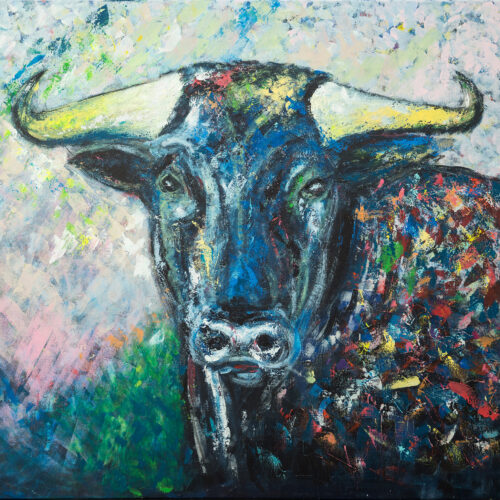 Das Gemälde El Toro - Der Stier Stierkopf, expressionistischer Stil, kräftige Farben. Der Stier hat buntes Fell, gelbe Hörner und steht vor einem frühlingshaften, abstrahierten Hintergrund.