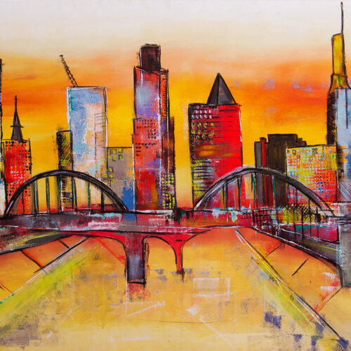 Bunt fröhliches Gemälde der deutschen Metropole Frankfurt mit dem Main in der Mitte, hinten Messeturm und Bankenviertel