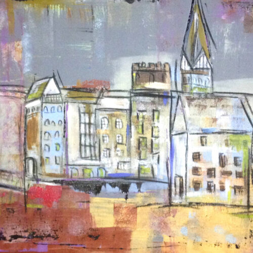 Das Gemälde Feuer am Stintmarkt Lüneburg zeigt den Lüneburger Stintmarkt am Tag nach der Brandstiftung. Das Lösecke-Haus fehlt, die Luft ist vom Feuerqualm grau und nebelig