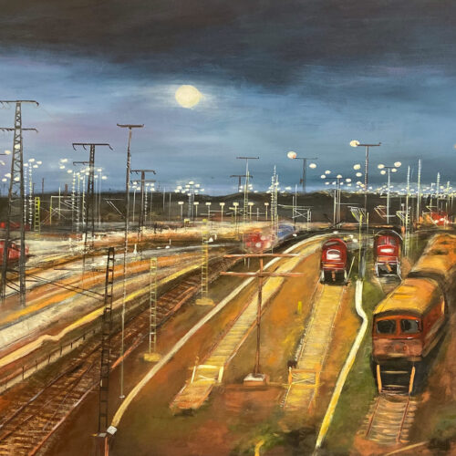 Gemälde Güterbahnhof Halle Saale unter dem Nachthimmel mit Mond mit tramlok