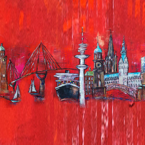 Das Gemälde Hamburg Skyline zeigt die Hamburger Wahrzeichen Michel, Rathaus, Elbphilharmonie, Fernsehturm, Köhlbrandbrücke, Frachtschiff, Hafenkräne, Segelboote.