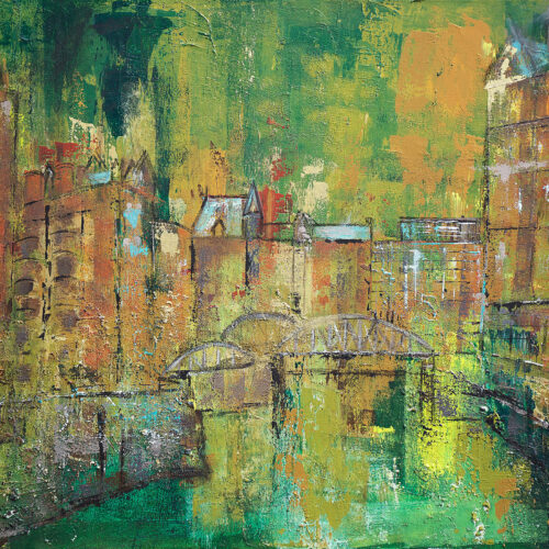 Das Gemälde Hamburg Speicherstadt zeigt im impressionistischen Stil und Grüntönen die alten Speicherhäuser der Hansestadt mit einigen der zahlreichen Brücken