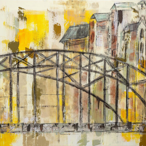 Gemälde Hamburg Brücke Speicherstadt in Braun- und Gelbtönen abstrahiert