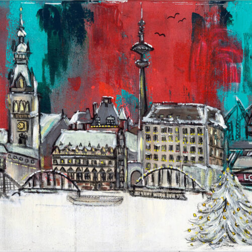 Das Gemälde Hamburg Weihnachtsstadt zeigt das Panorama von Hamburg mit Alster in weihnachtlicher Atmosphäre. Hamburger Skyline mit Rathaus, Fernsehturm, zugefrorener Alster, Weihnachtsbaum, Elbphilharmonie, Landungsbrücken etc. Es überwiegen Rot-, Grün und Weißtöne.