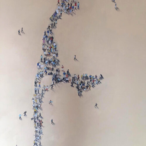 Das Gemälde zeigt die Umrisse der Insel Sylt gefüllt mit kleinen Figuren.