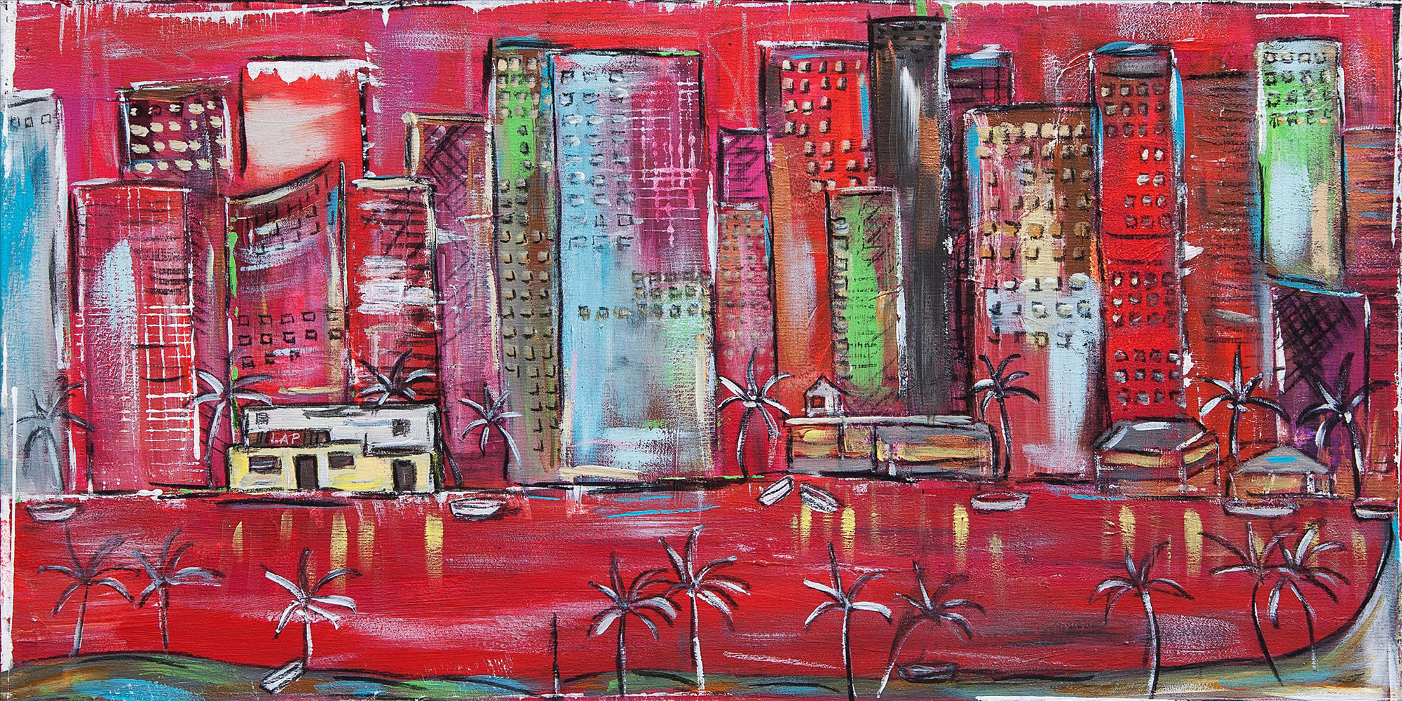 Gemälde LAP Worldwide Florida Beach mit Palmen und Hochhäusern am Strand