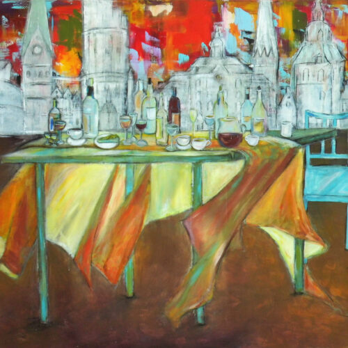 Das Bild "Lüneburg - Ein Fest" zeigt im oberen Teil einen bunten expressiven Hintergrund mit einer weißen Skyline von Lüneburg davor mit den Wahrzeichen Alter Kran, Johanniskirche, Wasserturm, Rathaus, Nicolaikirche, Michaeliskirche und einige typische Hansegiebelhäuser. Im unteren Bereich des Gemäldes sind ein Tisch mit wehender Tischdecke und ein blaue Stuhl links zu sehen. Auf dem Tisch sind verschiedene Weinflaschen, Gläser, Kaffeetassen und Teller angeordnet.