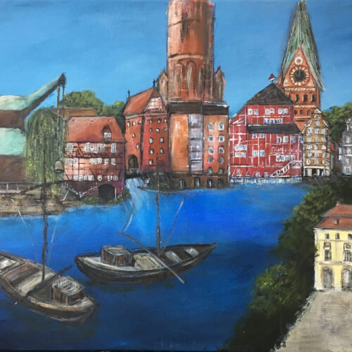 Das Bild zeigt die wichtigsten Wahrzeichen der Lüneburger Innenstadt, die man bei einem Stadtrundgang erleben kann: Wasserviertel mit Altes Kaufhaus und Alter Kran, Ewer, Weide, Mühle, Hochzeitsturm, Löseckehaus und Brausebrücke, dann der Wasserturm, die Johanniskirche, das Rathaus mit Markplatz und Brunnen mit der Luna, Michaeliskirche und einige typische Hansegiebelhäuser. Es ist in natürlichen Farben gemalt: Blau, Rot, Grün, Braun, Beige, Weiss, Gelb.