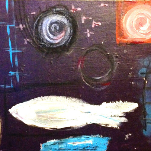 Das Gemälde Stintmarkt abstrakt zeigt den Stintmarkt von oben mit Symbolen im sehr abstrahierten Stil