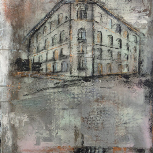 Das Gemälde Viscule-Lüneburg zeigt eine Ecke des historischen Viskulenhofs Lüneburg vor der Modernisierung in gedeckten Farben im Industrial-Style, abstrahiert.