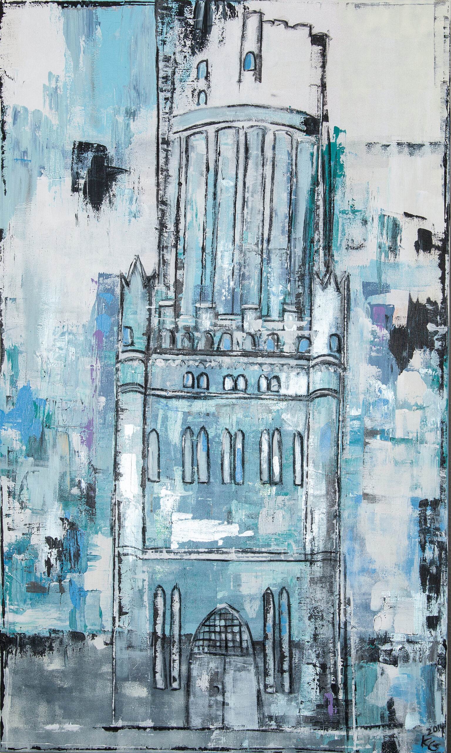 Das Gemälde Wasserturm Lüneburg zeigt den Lüneburger Wasserturm im für die Künstlerin Karin Greife typischen abstrahierten Stil in Blau- und Weißtönen.