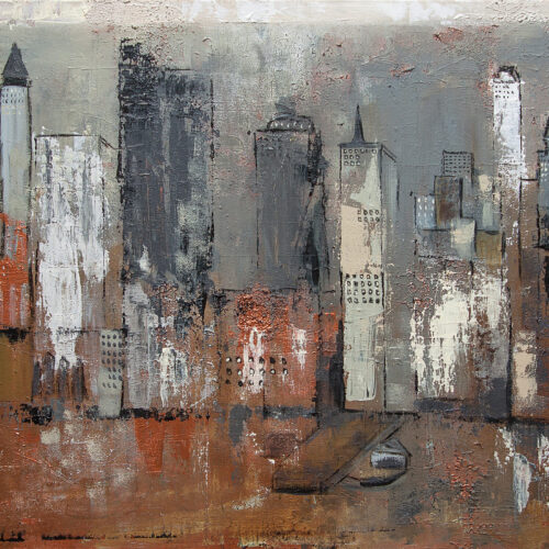 Impression der New York Midtown Skyline über den Hudson River in angenehmen gedeckten Braun-, Beige-, Kupfer und Grautönen mit schwarzen Akzenten im abstraktem Stil. Entspricht in den Details nicht der Realität, die Szenerie ist trotzdem für den Betrachter sofort zu erkennen.