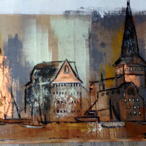 Gemälde Rostock im Herbst, Erdtöne, kupfer, Backstein, Wahrzeichen der Hansestadt, Hafen, Segelschiffe, Neuer Markt, Steintor