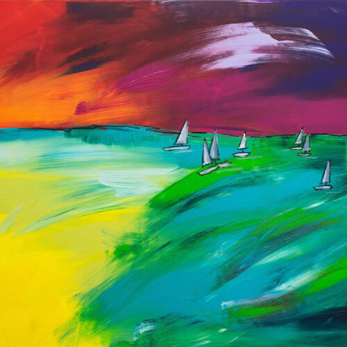 Das Gemälde Sailing zeigt Segelboote bei Sonnenuntergang auf dem Wasser in kräftigen Farben, moderner/ expressionistischer Stil, Farben: Gelb, Türkis, Orange, Pink, Lila, Weiß.