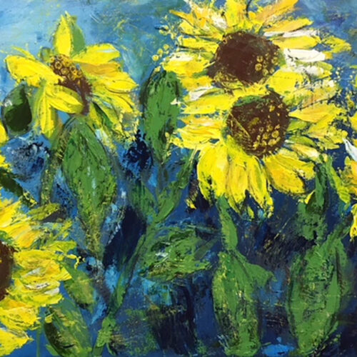 Das Gemälde Sonnenblumenfeld zeigt verschiedene gelbe Sonnenblumen auf einem Feld die sich im Wind wiegen, im Hintergrund blauer Himmel, abstrahiert und modern