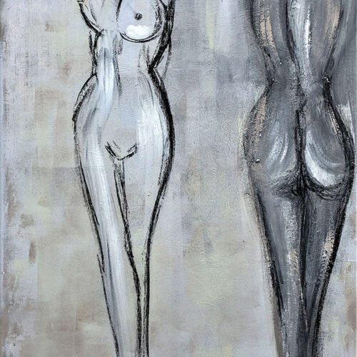 Das Gemälde Weiblicher Akt zeigt in Grautönen die nackten Körper zweier junger, sehr schlanker Frauen. Die linke von beiden ist von vorne, die andere von hinten zu sehen. Der Stil ist reduziert und modern.