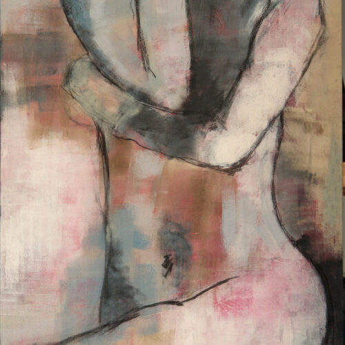 Das Gemälde Weiblicher Akt Entspannte Haut Weiblicher Akt, Frau in Frontansicht in entspannte Haltung und mit geschlossenen Augen, sie trägt Kopfhörer.