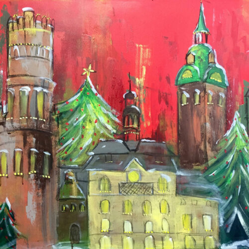 Gemälde Weihnachtliches Lüneburg mit den Lüneburger Wahrzeichen Johanniskirche, Wasserturm, Rathaus, Michaeliskirche, Nicolaikirche, Alter Kran, Tannenbäumen