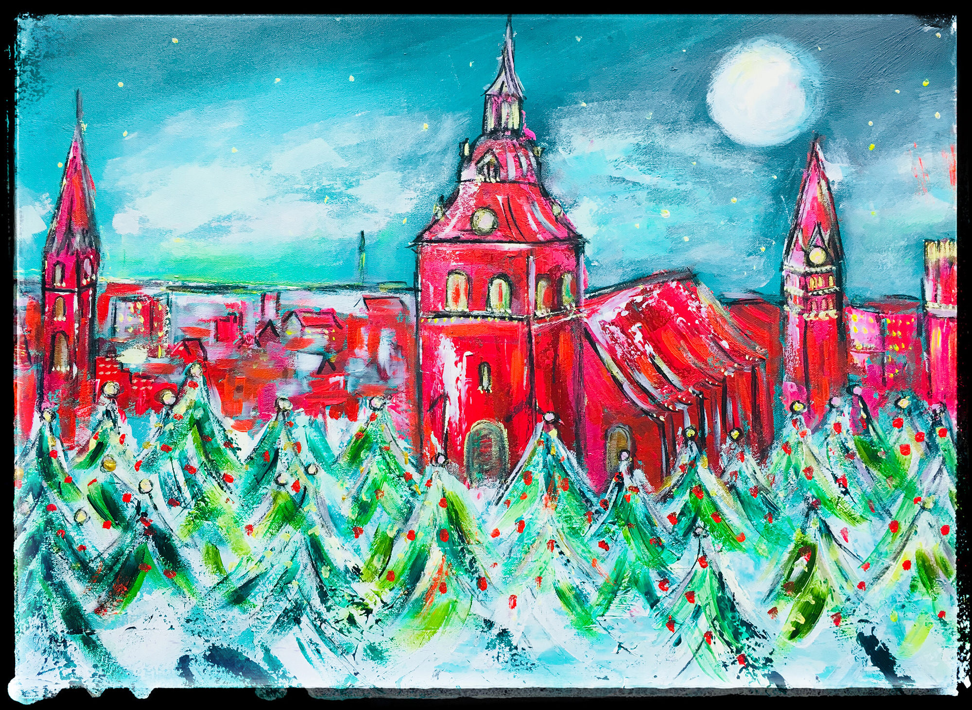 Auch als Lüneburg Kunstdruck im Online Shop von Karin Greife. Gemälde Weihnachtsblick über Lüneburg mit der St. Michaeliskirche, St. Nicolaikirche, St. Johanniskirche und schneebedeckten Tannenbäumen mit roten Weihnachtskugeln