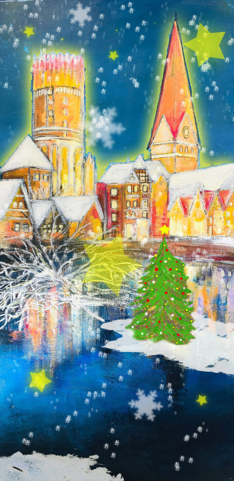 Gemälde Weihnachtszeit in Lüneburg mit Schneeflocken, Tannenbaum und Sternen