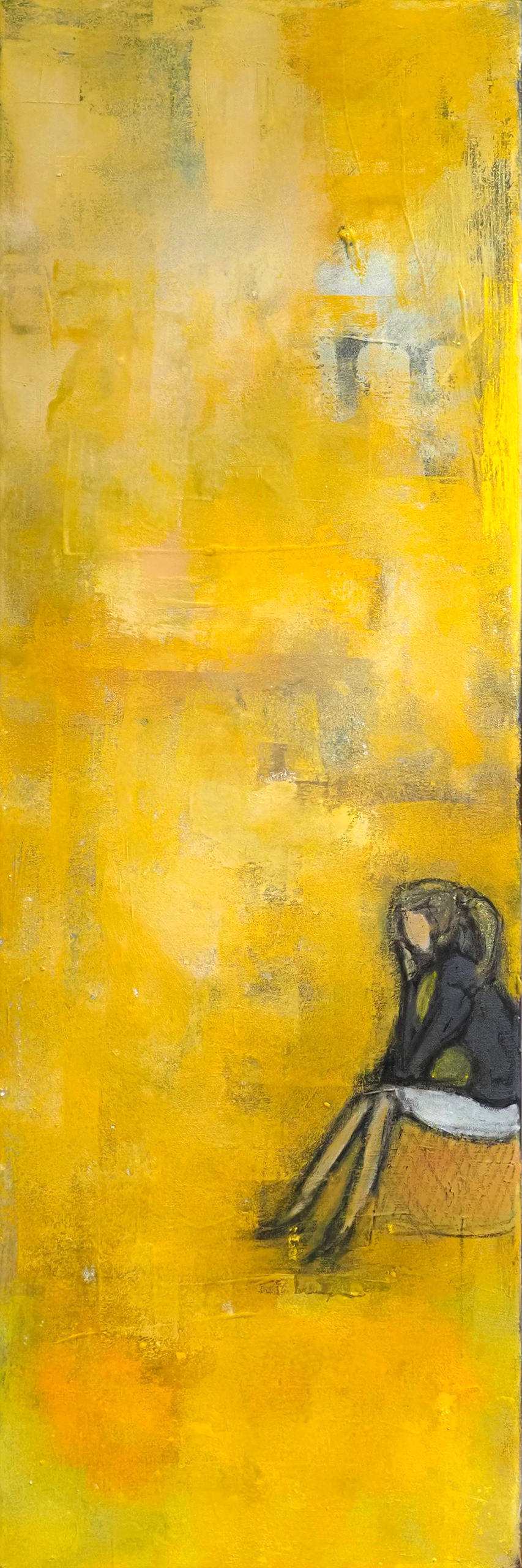 Gemälde Corona Summer Feeling von Karin Greife, Malerei, Gelbtöne, junge Frau, Corona Jahr, Corona, Sommer, Einsamkeit, Kunst