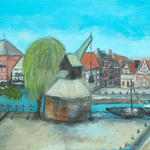 Gemälde Lüneburg Wasserviertel mit Alter Kran Panorama-Blick, Gemälde Lüneburg, Rote Rosen Stadt, Stintmarkt, Fischmarkt, Weide, Ewer, Kastanienbäume