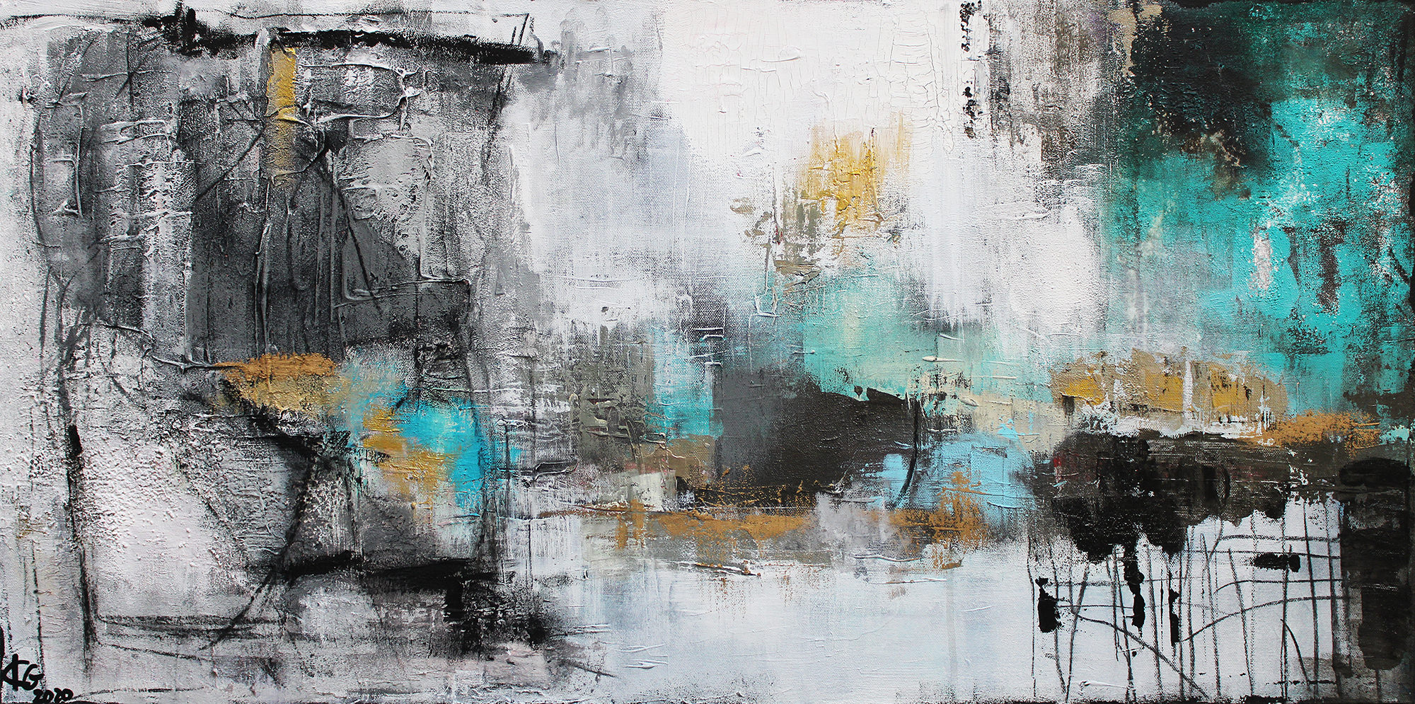 Gemälde Ohne Natur kein Morgen, abstraktes Gemälde, abstrakte Kunst, türkis, grau, gold, weiss, Zukunftsahnung