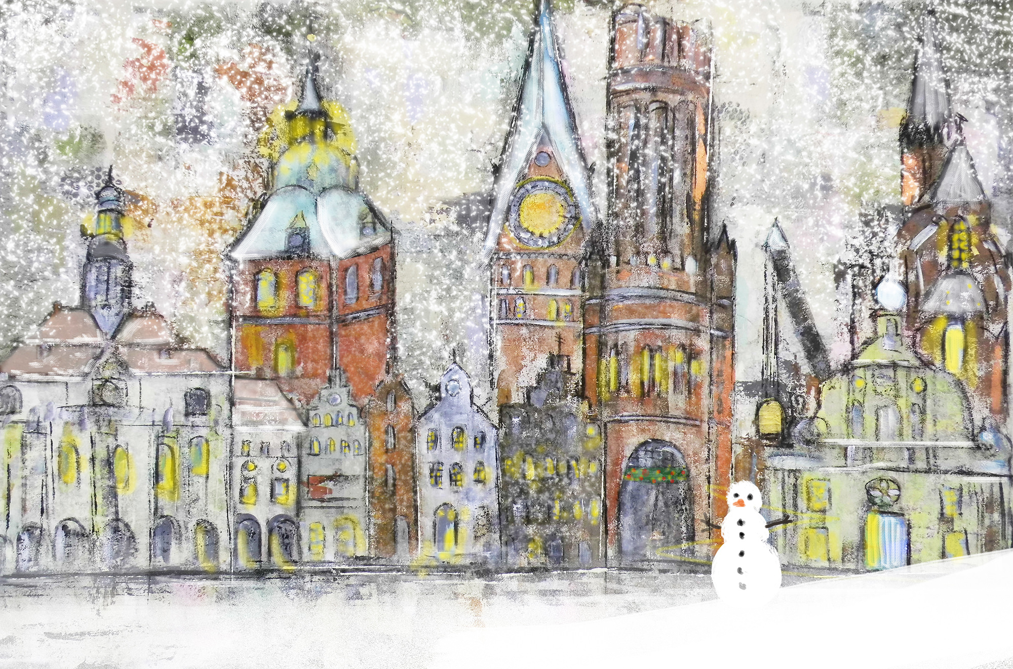 Gemälde Schneegestöber in Lüneburg II, Schnee, Schneemann, Lüneburger Rathaus, Hansegiebel, St. Michaeliskriche, Lüneburger Weihnachtskarte, Lüneburg-Motiv, Wasserturm, St. Johanniskirche, Altes Kaufhaus, Schnee, Weihnachten, Weihnachtsmarkt, Schneesturm