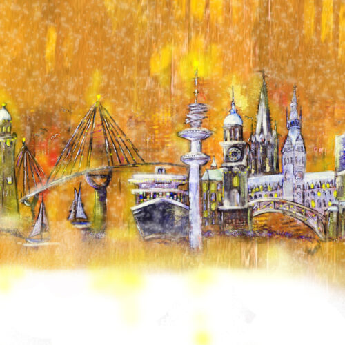 Gemälde Winter Weihnachtszeit in Hamburg, Kräne, Michel, Köhlbrandbrücke, Aida, Dampfer, Fernsehturm, Rathaus, Elbphilharmonie, Weihnachten, Tannenbäume, Schnee, Tannen, Segelboote