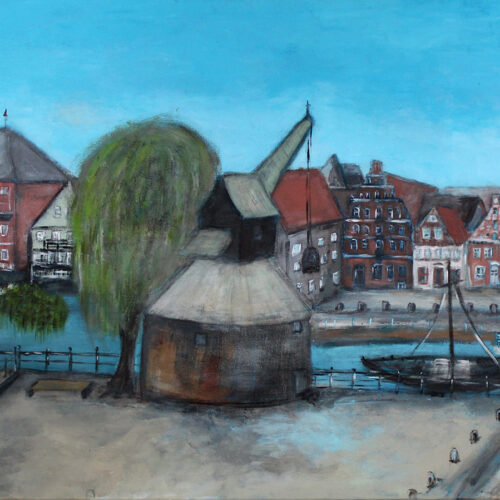 Gemälde Wasserviertel-lLüneburg-Panoramablick mit Alter Kran und Weide