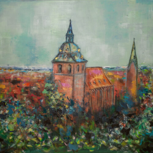Gemälde "Blick vom Lüneburger Kalkberg über die Dächer und das grüne Lüneburg auf die St. Michaeliskirche"
