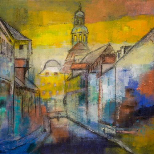 Gemälde "Spaziergang zum Lüneburger Marktplatz durch die Burmeisterstrasse in der Abendsonne"