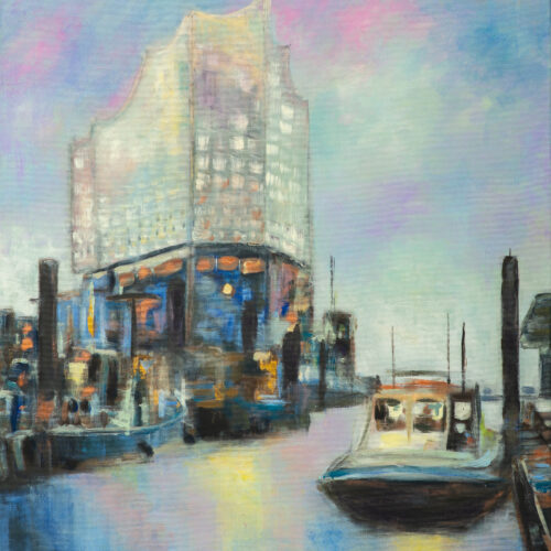 Gemälde "Blick auf die Konzerthalle Elbphilharmonie und den Sandtorhafen Hamburgs in der sommerlichen Abendsonne"