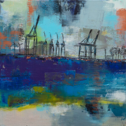 Gemälde Elbstrand und Hafenkräne