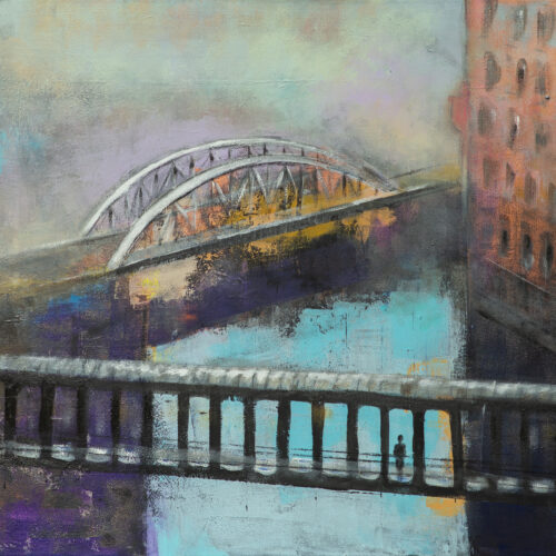 Gemälde "Hamburger Wetter - Frau blickt auf die Speicherstadt im Nebel"