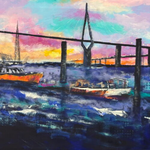 Kunstdruck Köhlbrandbrücke Hamburg im Sonnenuntergang