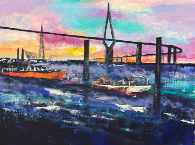 Kunstdruck Köhlbrandbrücke Hamburg im Sonnenuntergang