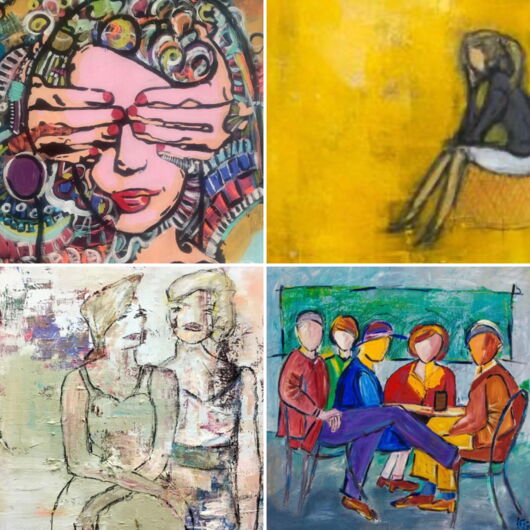 4 quadratische Motive mit Menschen als Mini-Drucke im & 4 Kunstpostkarten als Paket 9