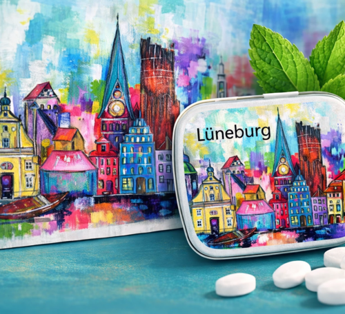 Pfefferminzpastillen (mit Zucker) 23 g in schöner Dose mit Lüneburg-Motiv und A6-Postkarte mit gleichem Lüneburg-Motiv