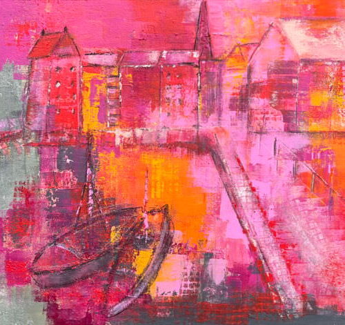 Gemälde von Karin Greife Abendrot in Lüneburgs Wasserviertel