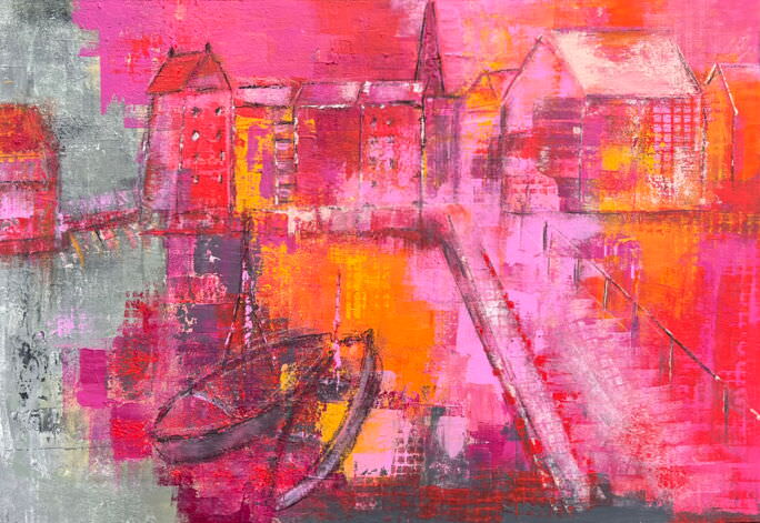 Gemälde von Karin Greife Abendrot in Lüneburgs Wasserviertel