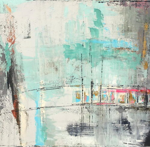 Abstrakter Kunstdruck in Türkis- und Grautönen mit angedeuteter Brücke, Himmel und See.