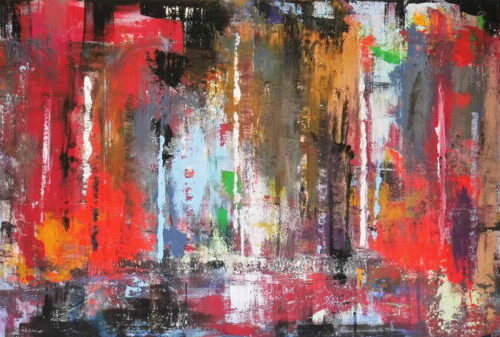 Abstraktes Gemälde in kräftigen Farben. Man erahnt vage eine Skyline mit Wolkenkratzern und ein Großstadtgetümmel