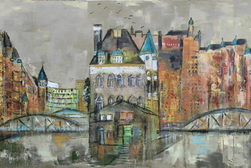 Kunstdruck Speicherstadt Hamburg mit der Hafenstadt im Hintergrund in Grau-, Braun- und Grüntönen