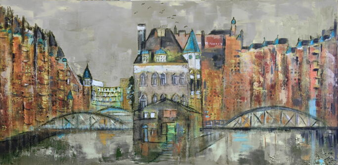 Kunstdruck Speicherstadt Hamburg mit der Hafenstadt im Hintergrund in Grau-, Braun- und Grüntönen