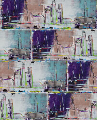 Abstraktes Panorama der Stadt Hamburg in Violett- und Blautönen mit angedeuteten alten und modernen Gebäuden, hier als Collage abgebildet