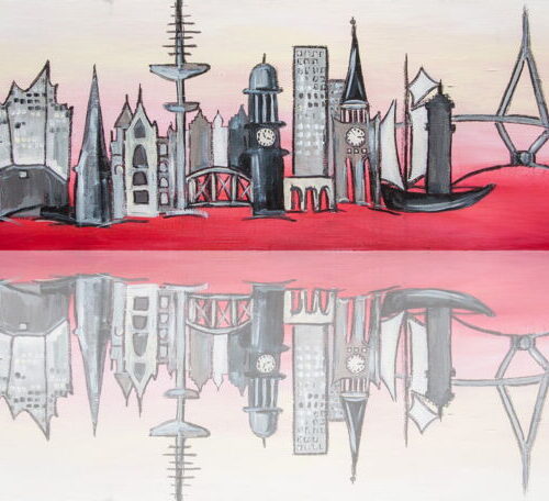 Kunstdruck zeigt einige Wahrzeichen der Hansestadt Hamburg als schwarze Sykline vor rot-weißem Hintergrund.