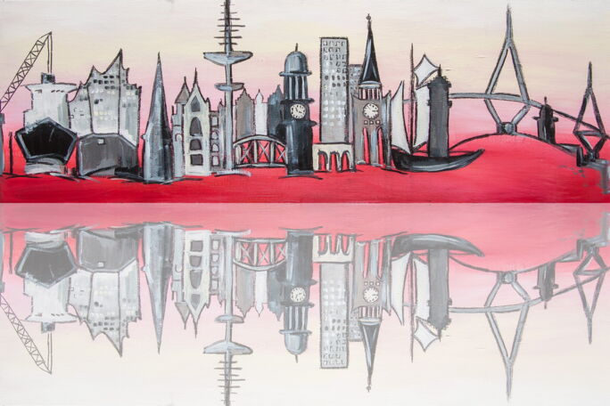 Kunstdruck zeigt einige Wahrzeichen der Hansestadt Hamburg als schwarze Sykline vor rot-weißem Hintergrund.