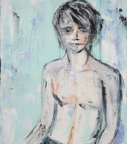 Oberkörper und Kopf eines Jungen in sanften Blautönen mit graunen Akzenten