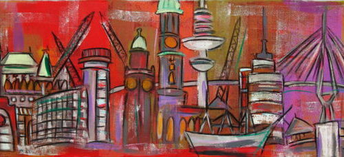 Kunstdruck Hamburg Skyline in fröhlichen Farben mit Millerntor, Hafen, Alster, Schiff, Köhlbrandbrücke etc. vor rotem Hintergrund